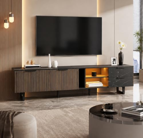 OLIVIBED Modern TV Stand Cabinet with 2 Doors and 2 Drawers, Entertainment Center for 75/80/85 Inch TVs, Modern TV Unit for Living Room Bedroom, Black and Wood Grain