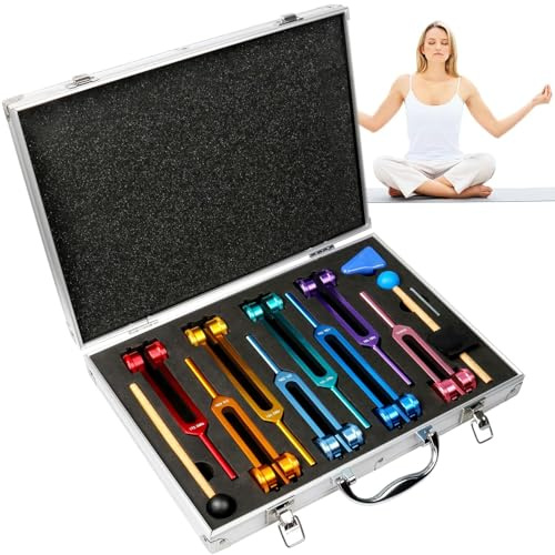 Chakra Tuning Forks Set - 8 Pcs Weighted Solfeggio Tuning Forks with 2 Rubber Hammer for Sound Therapy, Yoga, Meditation - Clear and Bright Tone