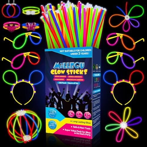 Millegu 230 Fluo Party Kit, 100 Braccialetti Luminosi Fluorescenti Bambini Adulti Starlight Glow Sticks e 130 Connettori per Bracciali Occhiali Gadget per Comleanno Feste Carnevale Capodanno 2026