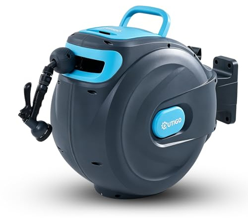 OUTIGO Avvolgitubo da Parete 35m, Riavvolgimento Automatico con Blocco e Supporto Girevole 180°, Svolgicanna con Ugello 8 Modalità per Annaffiare Giardino e Pulire Auto