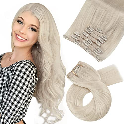Moresoo Clip in Extensions Echthaar, Salon Qualität Weiches Glattes Haar 55 cm 7 Stück 120g Extensions Clip in #60 Platinblond, Leicht zu Tragen Solide und Langlebig
