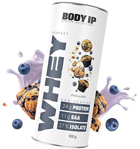 BODY IP Perfect Whey Protein Pulver | Blueberry Muffin | Eiweißpulver für Protein Shake & Muskelaufbau | hoher BCAA Anteil | 30 Portionen | Whey Isolat & Konzentrat | hoher Eiweißgehalt | 900g