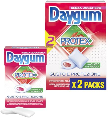 Daygum Protex, Chewing Gum, Gusto Fragola, Senza Zucchero, con Xilitolo, Confezione da 2 Astucci da 24 Gomme da Masticare, da Portare Sempre con te