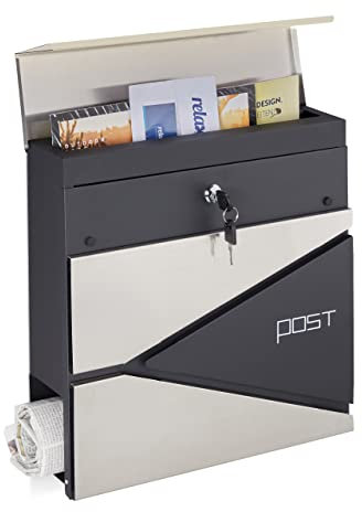Relaxdays Briefkasten mit Zeitungsfach, Moderne Postbox mit Schloss, HBT: 37x37x11 cm, Edelstahl & Stahl, Silber/schwarz