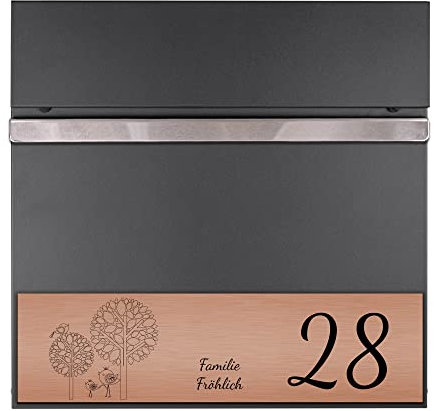 banjado® Briefkasten mit Namensschild in Kupfer personalisiert/Briefkasten Anthrazit mit Zeitungsfach 37x37x10,5 cm cm groß/Postkasten A4 Einwurf inkl. Montagematerial & 2 Schlüsseln