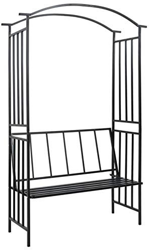 JUNZAI Garden Arch with Bench Black 128x50x207 cm Iron,Garden Bench Wooden Seater Outdoor Furniture Seating Wood Slats Park Patio Seat