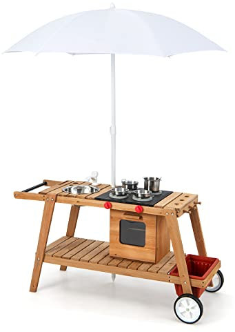 COSTWAY Wooden Mud Kitchen, Outdoor Kitchen Playset with Umbrella, Sink, Storage Cabinet and Accessories, Wheeled Role Pretend Cooking Cart for Kids Toddlers (Natural+White)