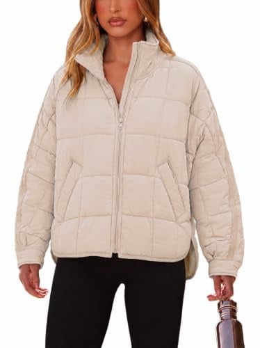 Omoone Women's Quilted Puffer Jacket Zip Up Oversized Lightweight Padded Down Coat Outerwear(3877-Khaki-L)