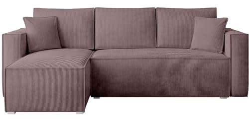 BROMARKT Ecksofa mit Schlaffunktion Sofa Cord Eckcouch mit Bettkasten Wohnzimmer Möbel TOP Couch DREI Sitzer Sofa Foldable Lazy 230x145x74 cm Altrosa
