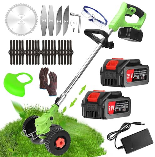 Tagliabordi Elettrico Da Giardino,Decespugliatore a Batteria,21V 4.0Ah Decespugliatori da Giardino, Testata Regolabile e Maniglia Telescopica 3 Tipi di Lama per Prato e Giardino