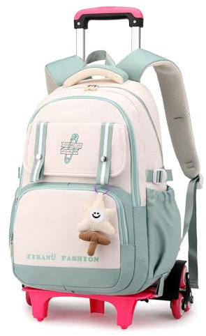 Tanou Rucksack mit 6 Rollen, Robuster Kinder Schulranzen mit Rollen für Mädchen, Abnehmbare Trolley Schulrucksack mit Anhänger für die Schule Reise, 16 Zoll, 1-5.Klasse, Grün