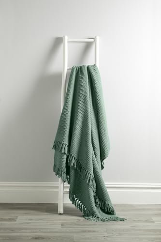 Olivia Rocco Lisbon Throw 100% Cotton Plain Honeycomb Sofa Bed Chair Cover Throws Tasselled Decorative Blanket, Sage Green 50 x 60