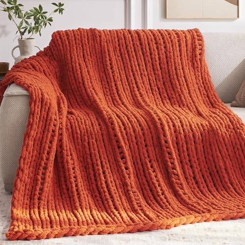 Negwoo Tjock stickad filt, 76 cm x 102 cm stickade överkastfiltar för sängsoffa, handgjord tjock orange virkad filt för barn, maskintvättbar söt bekväm filt för heminredning