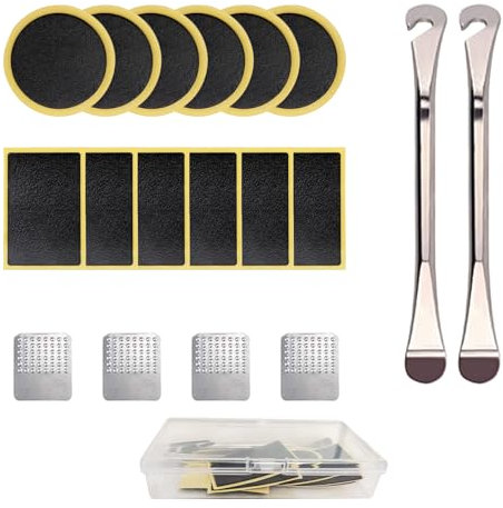 Skyzone 18 delar reparationssats för cykelpunktering, självhäftande cykelcykel, motorcykel, däck, limfria punkteringar, reparationslappar med metallstreck, bärbar förvaringslåda för Road Mountain och