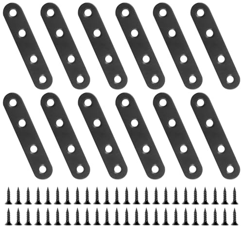 12 PCS 2.99'' x 0.63'' Stainless Straight Flat Brackets, Black Flat Metal Brace Bracket, Support Flat Metal Brace for Wood Furniture, Mending Plate Connector Joining Bracket for Fence,48 Screws