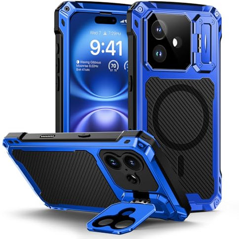 Lanhiem für iPhone 16 Hülle Magnetisch Metall Handyhülle mit Kameraschutz Ständer Robust Stoßfest Ganzkörper Militärstandard Schutzhülle Heavy Duty Case mit Eingebautem Displayschutz, Blau