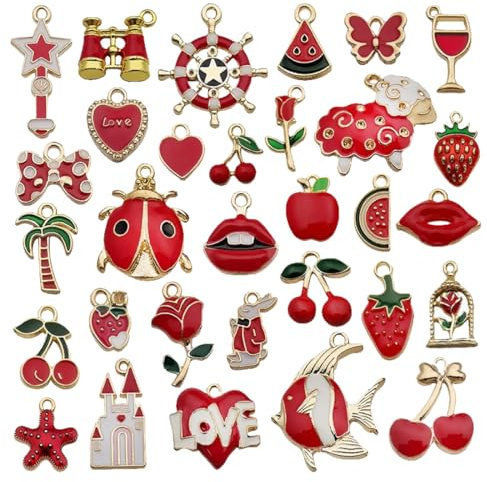 EIHI Pack de 31 pendentifs Charms Rouges,Breloques Creation Bijoux, pour réaliser Colliers, Bracelets et Porte-clés (C)