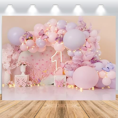 ASDCXZ Erster Geburtstag Fotohintergrund Mädchen 2.2x1.5m, Rosa Lila Ballon Schmetterling Mädchen 1. Geburtstag Fotowand Hintergrund Süße Prinzessin Party Kuchen Tischdekoration Banner