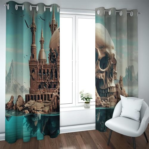 Tema de Halloween Cortina Opaca Isla del Terror Calavera Patrón de Castillo Cortinas de privacidad Cocina con Aislamiento térmico Cortinas de Dormitorio 2 Piezas 140x215cm