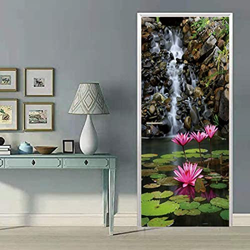 FLFK 3D Lotus Stream Landscape Door Murals Peel and Stick 85x215cm,Self-Adhesive Door Stickers Poster Wallpaper Wall Decals for Home Decor(2Pcs/Set)