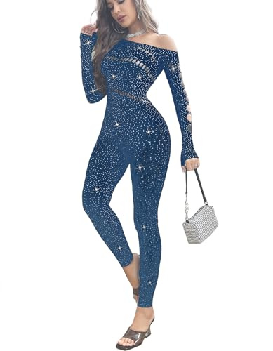 Aucute Damen Hauchdünn Mesh Jumpsuit Clubwear Sexy Schulterfrei Langarm Hollow Sparkle Strass Bodys