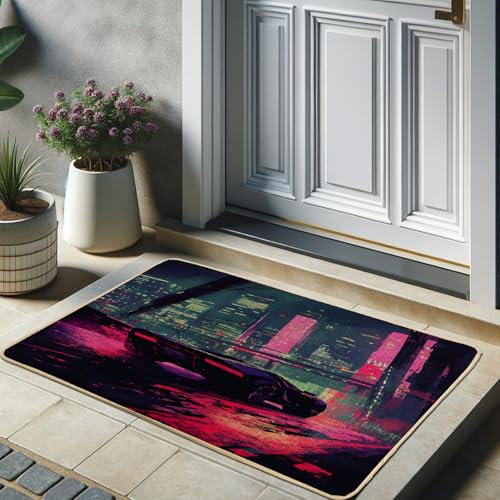 Paillasson néon motif paysage urbain, paillasson automobile vibrant pour entrée extérieure et intérieure, décoration moderne, imperméable, antidérapant, absorbant la poussière, facile à nettoyer, 73,6