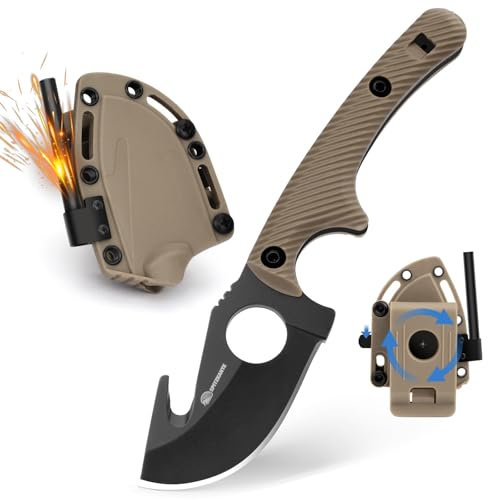 SPITZKANTE Neck Knife Messer HO-YN, Feststehendes EDC Messer Klein mit 360 Grad Verstellbarer Clip, 42a konform Halskette Messer, Gut Hook, 6, 2cm Klingenlänge mit Integrierte Pfeife, Kugelkette