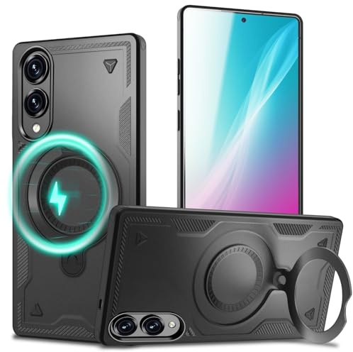 NALIA Magnetische Panzerhülle für Samsung Galaxy S25 Edge - Hülle | Vulkanschwarz, Flach eingelassener Metallring, Wackelfrei auf dem Tisch, Harte Außenschale mit weichem Inlay