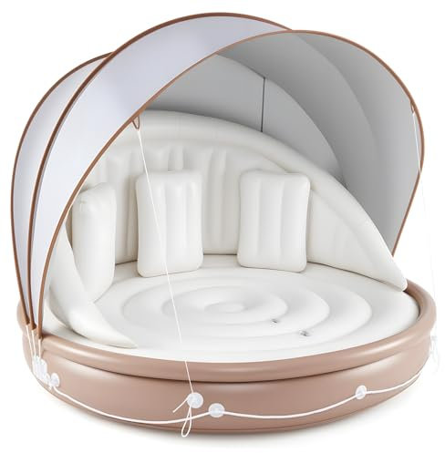 GYMAX Matelas Piscine Gonflable φ186cm, avec Auvent Détachable, 3 Oreillers, Cordes de Prise, Grand Lit de Bronzage Robuste, Île Flottante pour 2-3 Adultes, pour Lac, Plage, Charge 200 KG