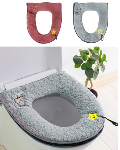 Ruayia 2PCS Bathroom Soft Thicker Warmer Cover Cushion Pads, Toilet Seat Cover with Handle and Zipper, Stretchable Washable Cloth Toilet Seat Covers Pads (Red, Grey)