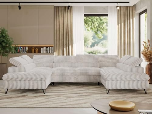 MKS MEBLE Sofa U-Form Schwarz, Wohnlandschaft, Sofa mit Schlaffunktion und Bettkasten, Schlafsofa mit Bettkasten, Couch mit Verstellbare Kopfstützen - Pablo U - Cord - Beige - mit Visco Topper