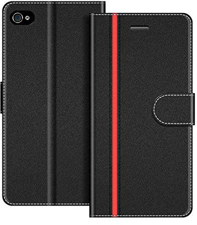 COODIO Phone Case For iPhone 4S, Magnetic Flip Leather Case For iPhone 4S / iPhone 4 Wallet Case, Black/Red