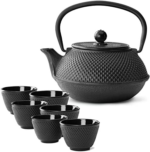 Bredemeijer Teekanne asiatisch Gusseisen Set 0.8 Liter mit Henkel & Edelstahl Tee-Filter Sieb-Einsatz für losen Tee & Teebecher (6 Tassen)