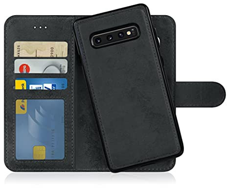 MyGadget Flip Case für Samsung Galaxy S10 Plus - [ abnehmbare Magnet Hülle ] - Handyhülle aus Kunstleder - [ Klapphülle mit Kartenfach ] Schutzhülle in Grau Schwarz