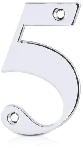 XFORT Polished Chrome Front Door Number 5, House Number Suitable for All Door Types including Wooden, uPVC, and Composite.