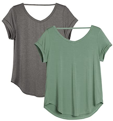 icyzone Damen Rückenfrei Yoga T-Shirt Kurzarm Sport Freizeit Tops Lose V-Ausschnitt Shirt, 2er Pack (XL, Dunkelgrau/Grau-grün)