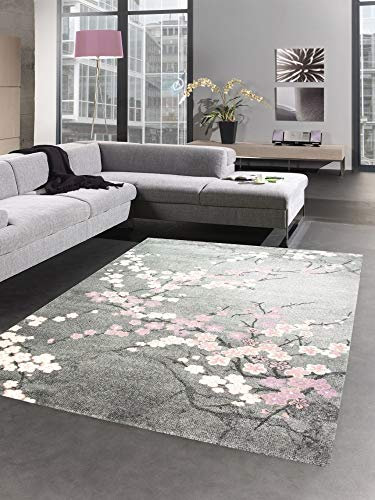 CARPETIA Teppich modern Wohnzimmerteppich Blumen rosa grau Größe 120x170 cm