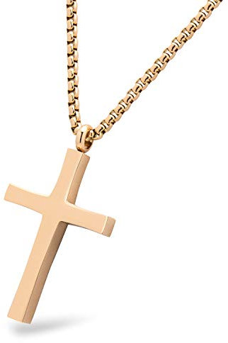 555Jewelery Stainless Steel Metal Cross Men Women Unisex Adjustable Rolo Chain Religious Christian Prayer Vintage Simple Fashion Jewelry Accessory Chain Pendant Necklace, Pink Rose Gold 20 Inch