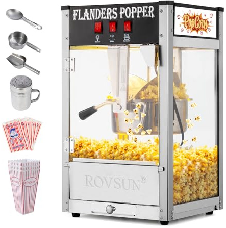 MALOGIC ROVSUN Popcorn Machine w/ 8 Ounce Kettle, 850W Countertop Popcorn Maker w/Double Doors, Popcorn Scoop, Oil Spoon & 3 Popcorn Cups, 17.8 L x 14.8 W x 26.9 H, Black