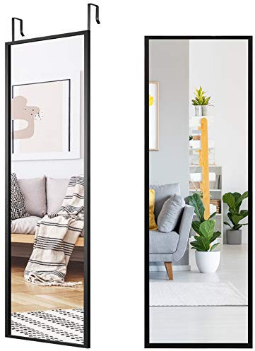 GOPLUS Höhenverstellbarer Wandspiegel, Türspiegel mit Haken, Garderobenspiegel aus Bruchsicherem Glas, 2 Installationsmethoden, Rahmen aus Eisen, für Schlafzimmer Flur Garderobe (Schwarz)