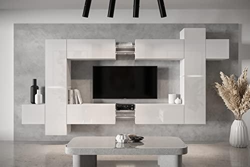 Furnitech Wohnwand Wohnzimmer - Wohnzimmer Möbel mit LED Weiß - Hängend Wohnwand Modern - Wohnzimmer Schrankwand mit Regale und TV Schrank (AN91NEW-21W-HG2)