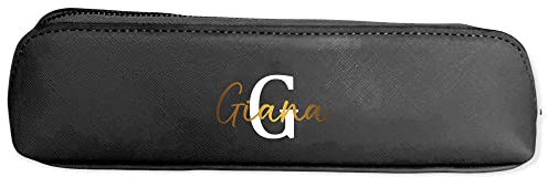 Pinseltasche personalisiert Initial + Name, Schminktasche, Kulturtasche für Damen, Handtasche, Geschenk Frauen, Schminke Beauty Make-Up Kosmetiktasche (lang, schwarz)