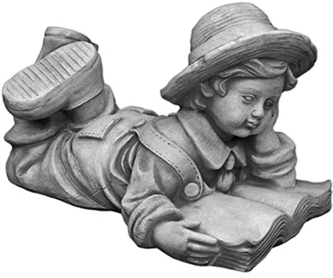 gartendekoparadies.de Liegender Junge mit Buch, Steinfigur H. 22 cm, 10 kg, Grau, frostsicher aus Steinguss für Außenbereich