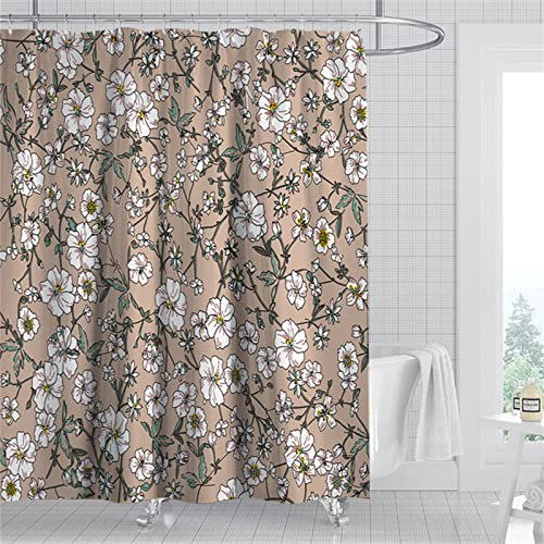 Duschvorhang 180x200cm ,Duschvorhänge Wasserdichter Anti-Schimmel Shower Curtains mit 12 C-Ringe,Verdickter Stoff,Waschbar Stoff Polyester 3D Duschrollo Badewanne Badezimmer Dekor Braune weiße Blumen
