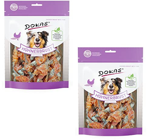 Dokas Kausnack Hühnerbrust mit Fisch | Doppelpack | 2 x 220 g | Leckerli für Hunde | Als Belohnung zwischen den üblichen Mahlzeiten | Schonend luftgetrocknet | Im Frischebeutel