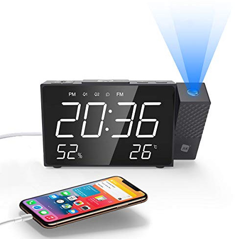 NK Radio Despertador Digital - Inteligente, FM Radio, Medidor Temperatura, Alarma, USB, Modo Noche, Proyección Horaria, Temporizador Sueño