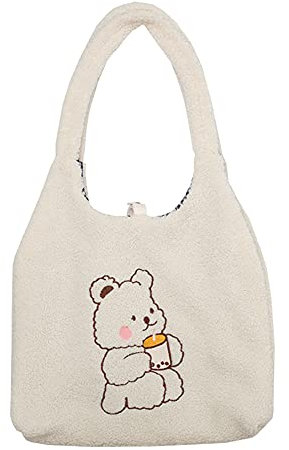 MEGAUK Damen Plüschhandtaschen Flauschige Tasche Plüsch Umhängetasche Cartoon Shopper Schultertasche Tote Bag für Uni Arbeit Schule (Bär)