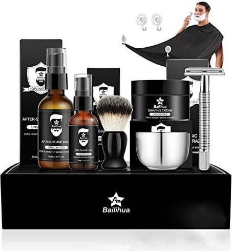 AN BAILIHUA Shaving Kit for Men, Include Cream, Pre Shave Oil, Aftershave Balm Tool, Brush & Bowl, Apron Bib Gift Sets him Boyfriend Stocking Fillers (Unscented), 1.0 count