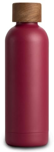 T&N Edelstahl Trinkflasche 500ml, Thermosflasche 0.5l mit Akazienholz Deckel, Isolierte Wasserflasche auslaufsicher bei Kohlensäure, Isolierflasche 500 ml - Berry Red