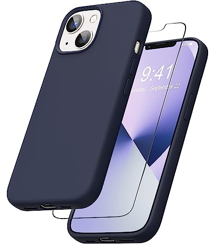 YATWIN Liquid Silicone Case Compatible for iPhone 13 with Tempered Glass Screen Protector, Slim Flexible Soft Full Body Shockproof Phone Case Compatible for iPhone 13 - Dark Blue
